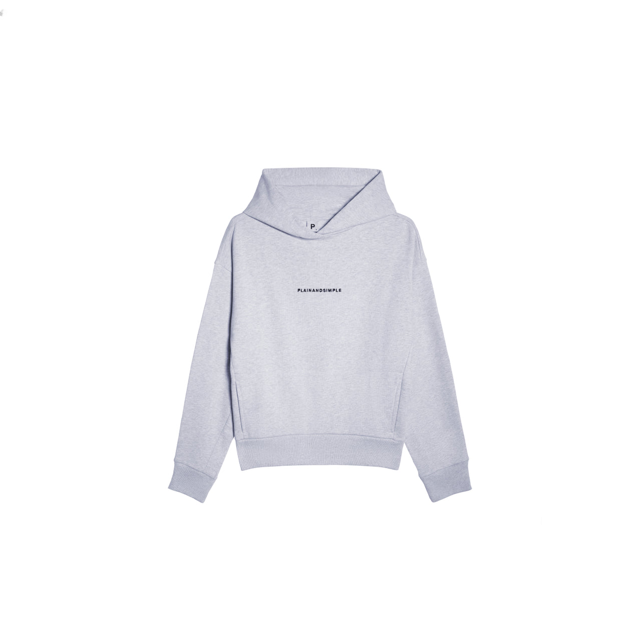 A flatlay of a women's branded grey heavyweight organic cotton hoodie.