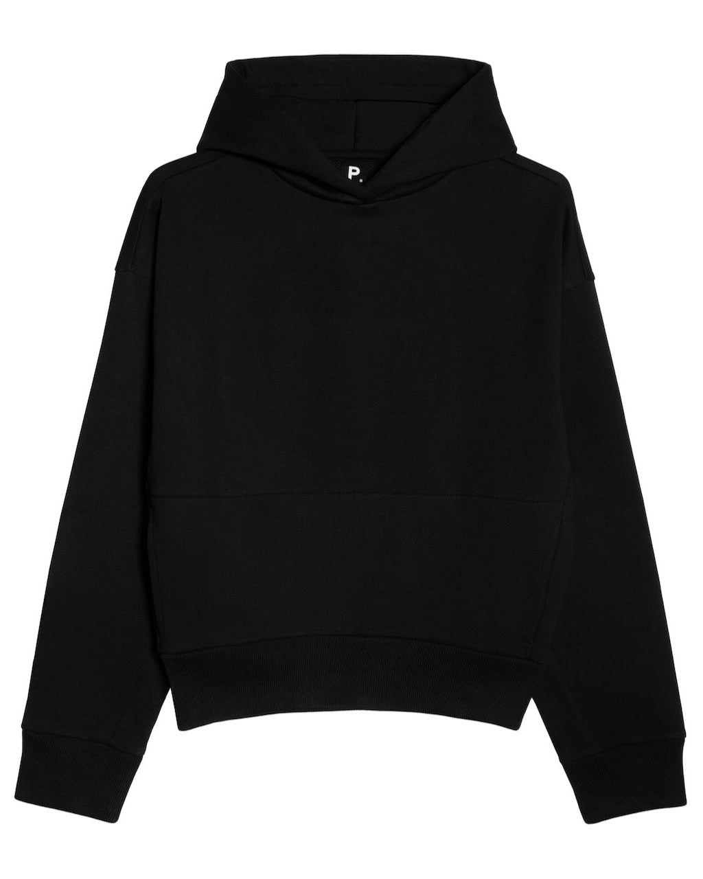 A flatlay of a women's black heavyweight organic cotton hoodie.