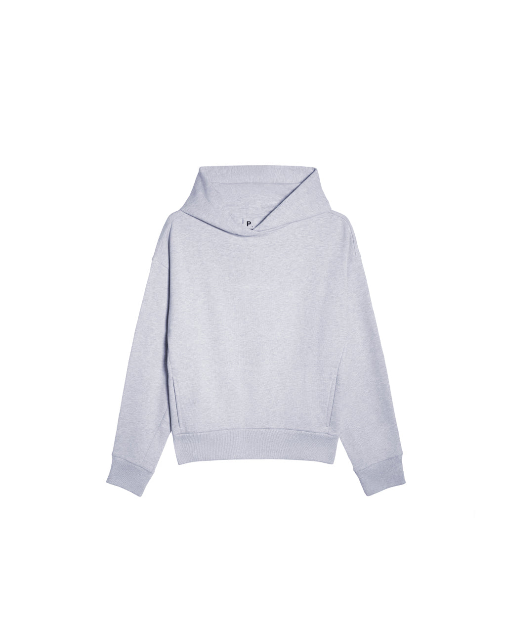 A flatlay of a women's grey heavyweight organic cotton hoodie.