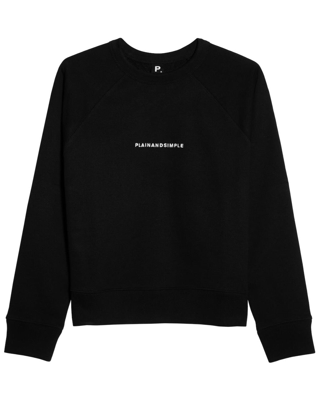 A flatlay of a women's branded black heavyweight organic cotton sweatshirt.