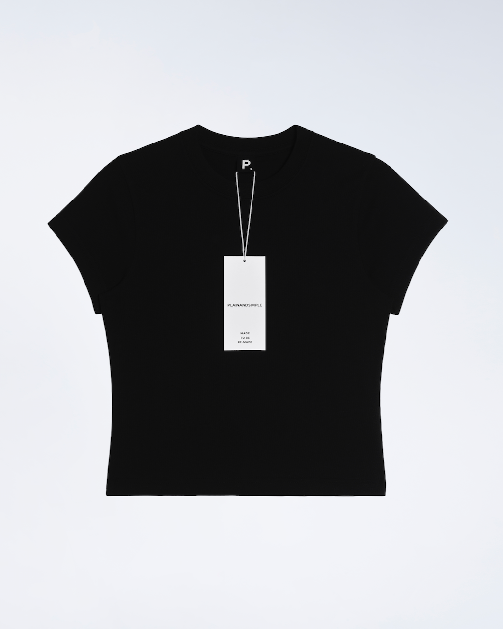 A flatlay of a black, organic cotton mini t shirt.