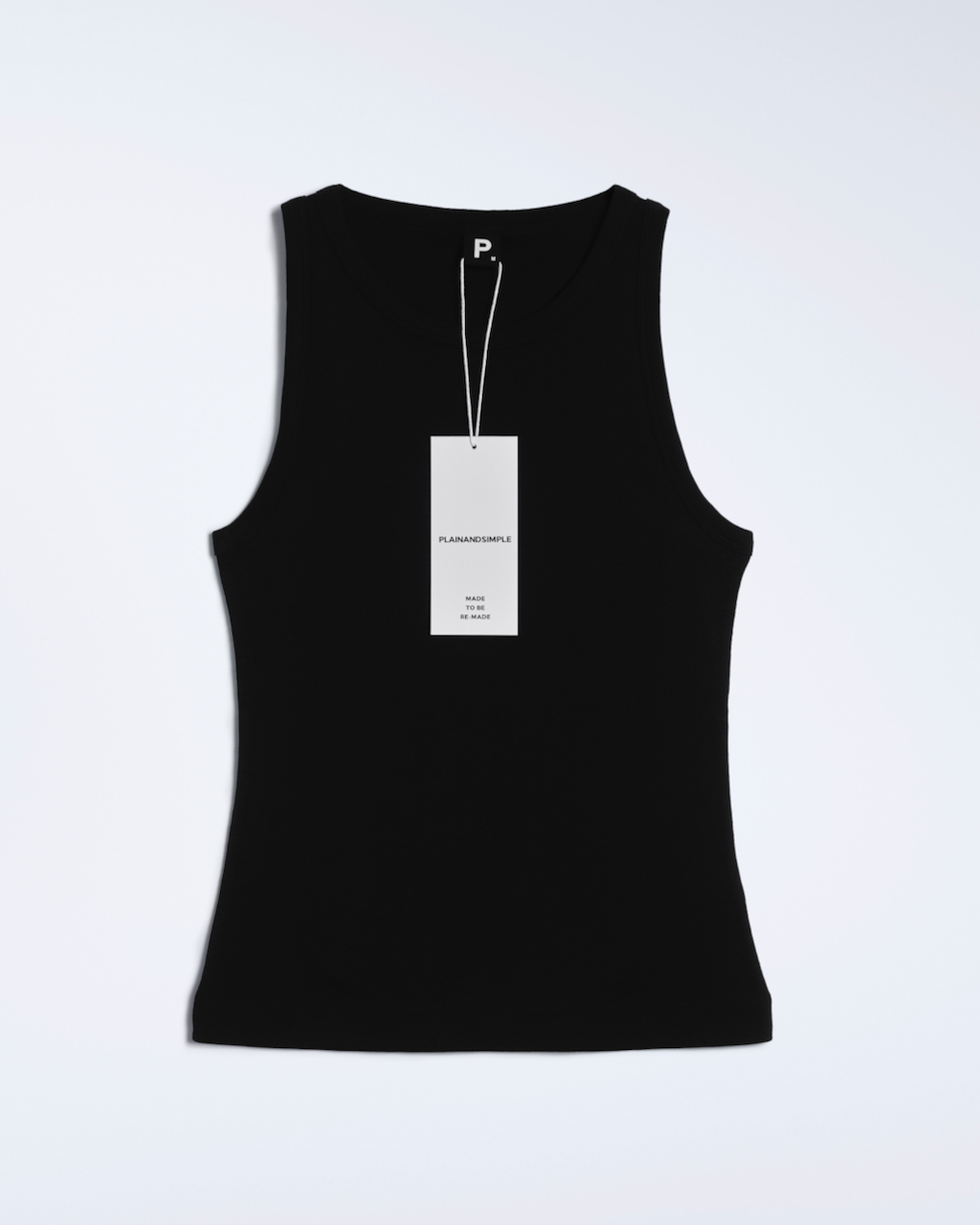 A flatlay of a black, organic cotton tank top.