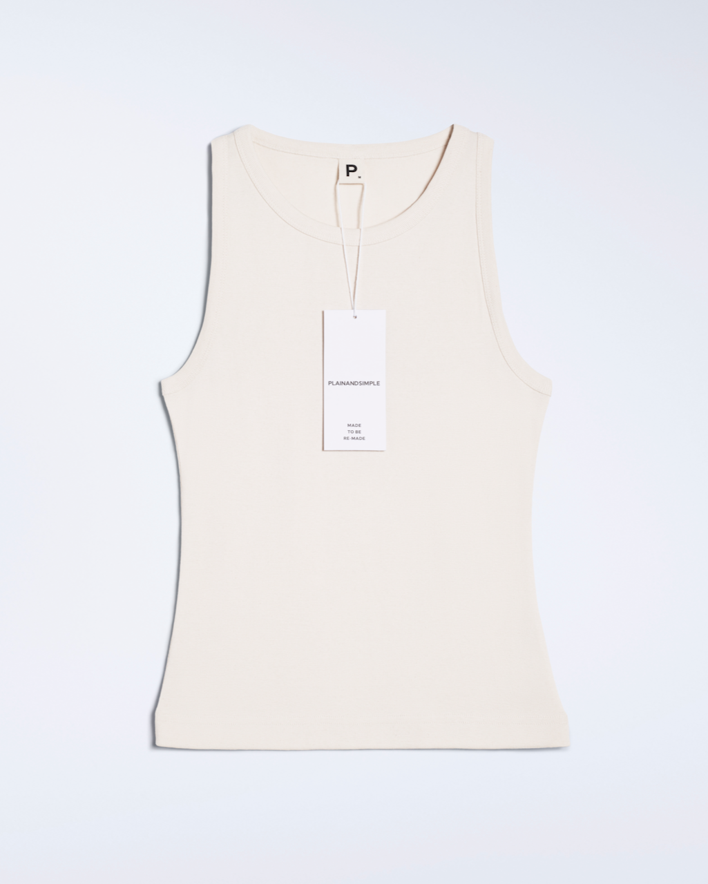 A flatlay of a natural coloured, organic cotton tank top.