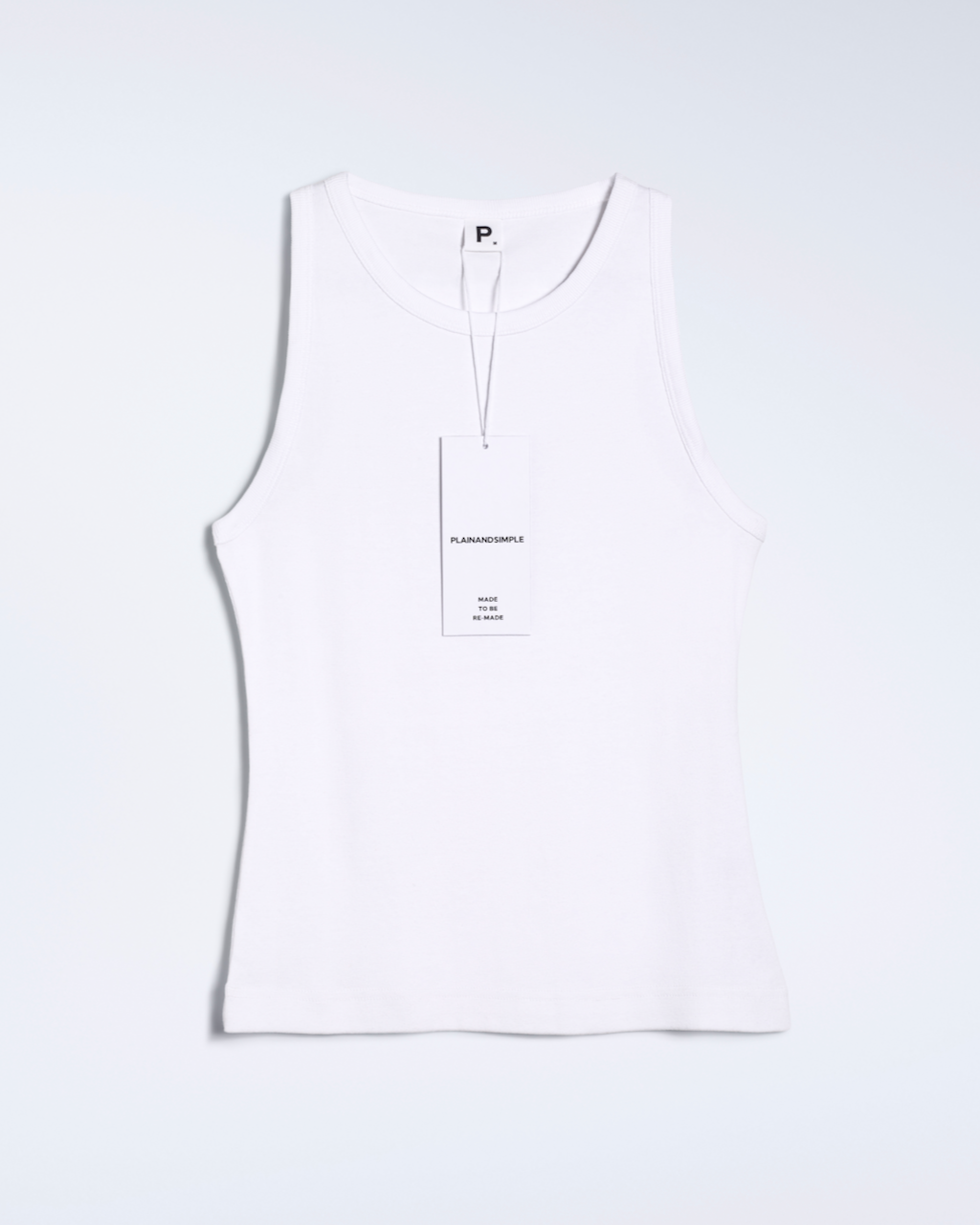 A flatlay of a white, organic cotton tank top.
