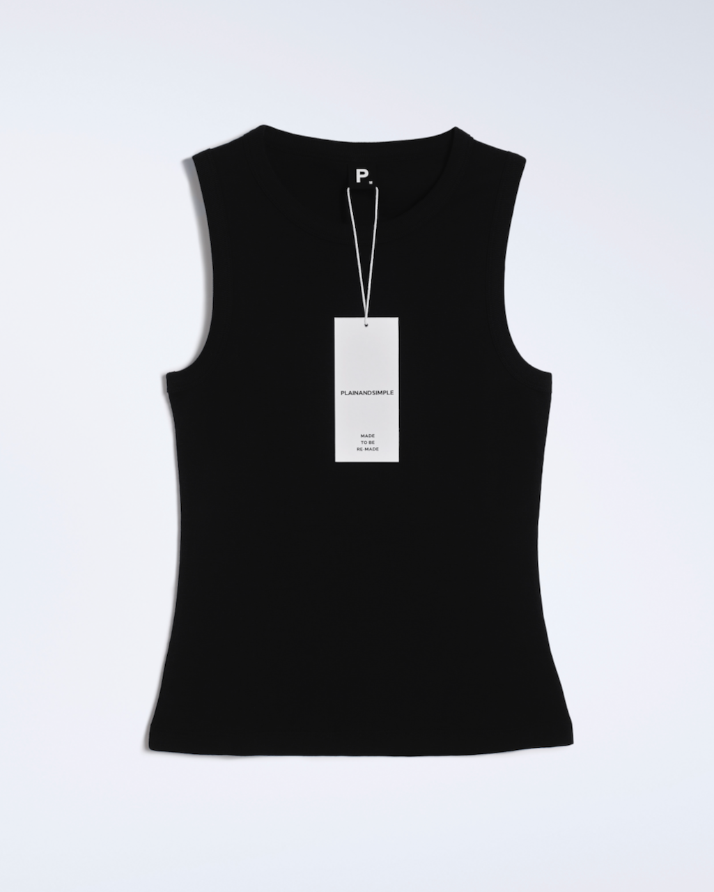 A flatlay of a black, organic cotton tank top.