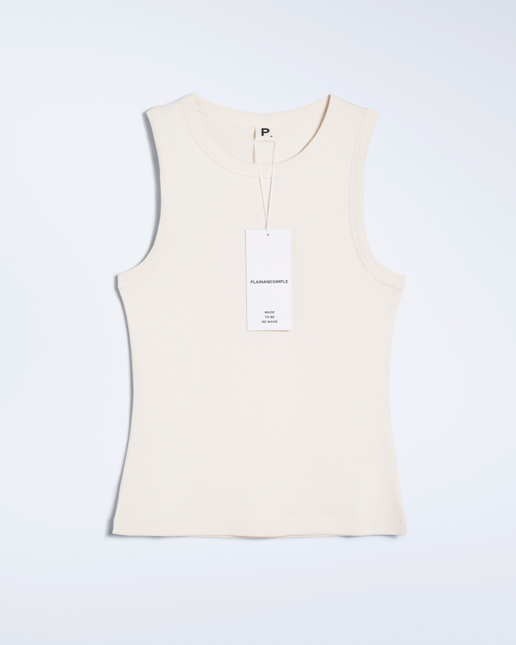 A flatlay of a natural coloured, organic cotton tank top.