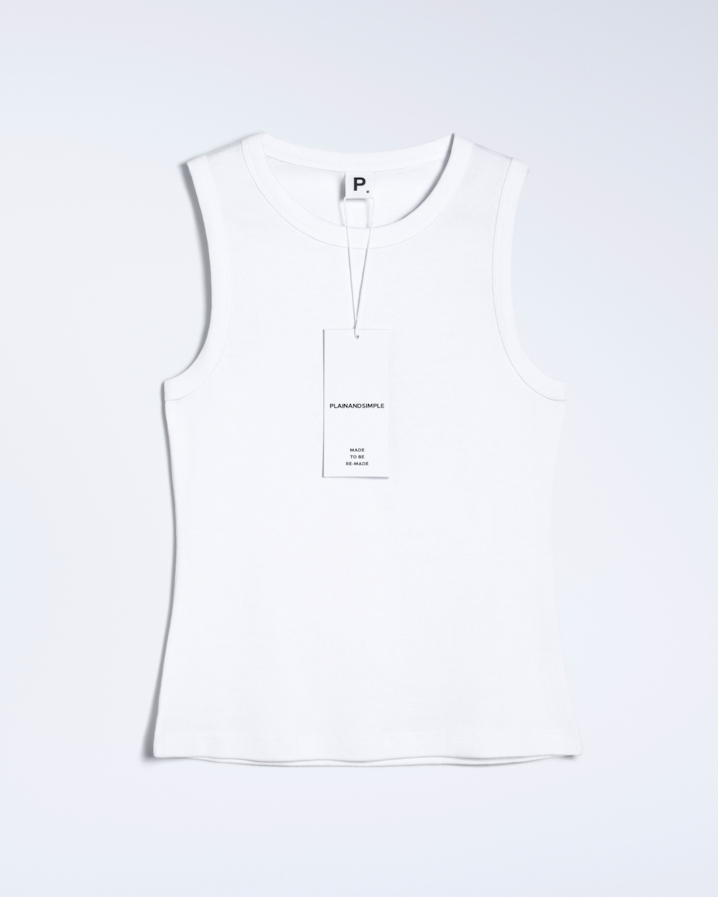 A flatlay of a white, organic cotton tank top.