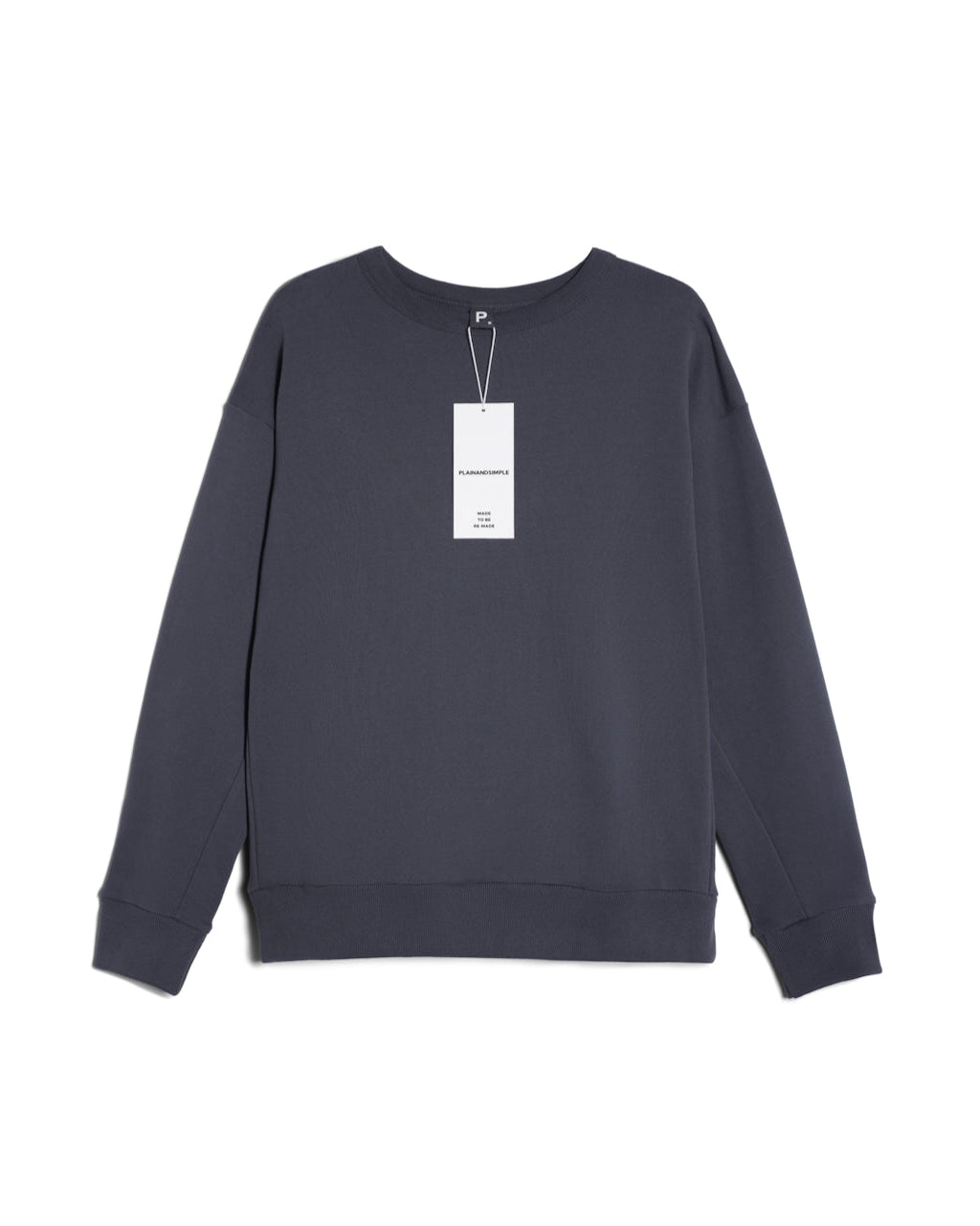 A flatlay of a women's plain dark grey oversized organic cotton sweatshirt.