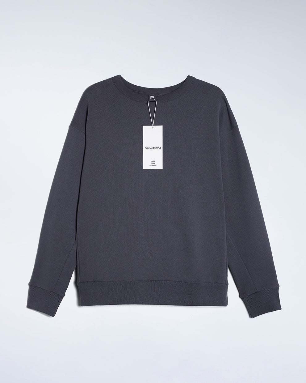 A flatlay of a women's plain dark grey oversized organic cotton sweatshirt.