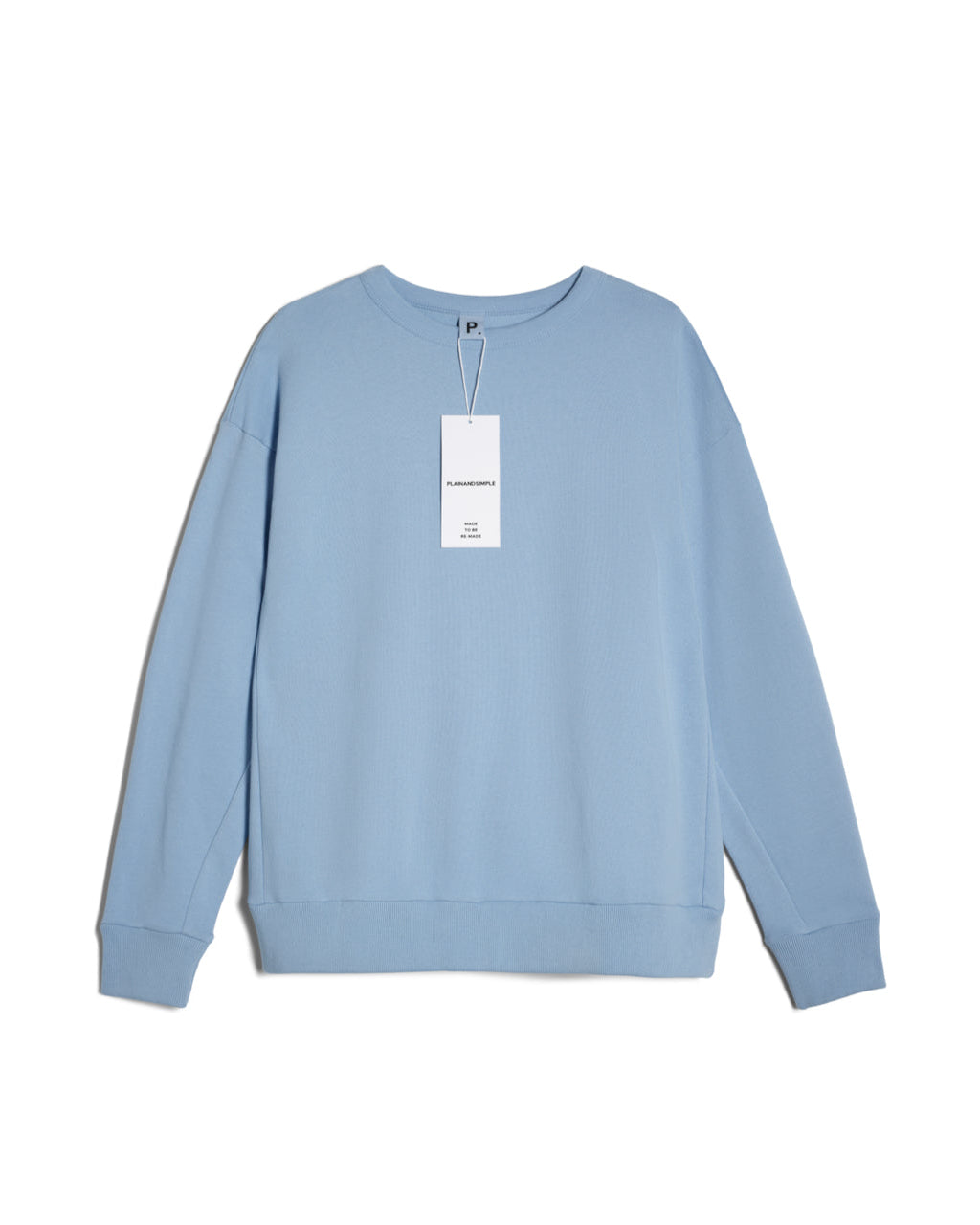 A flatlay of a women's plain blue oversized organic cotton sweatshirt.