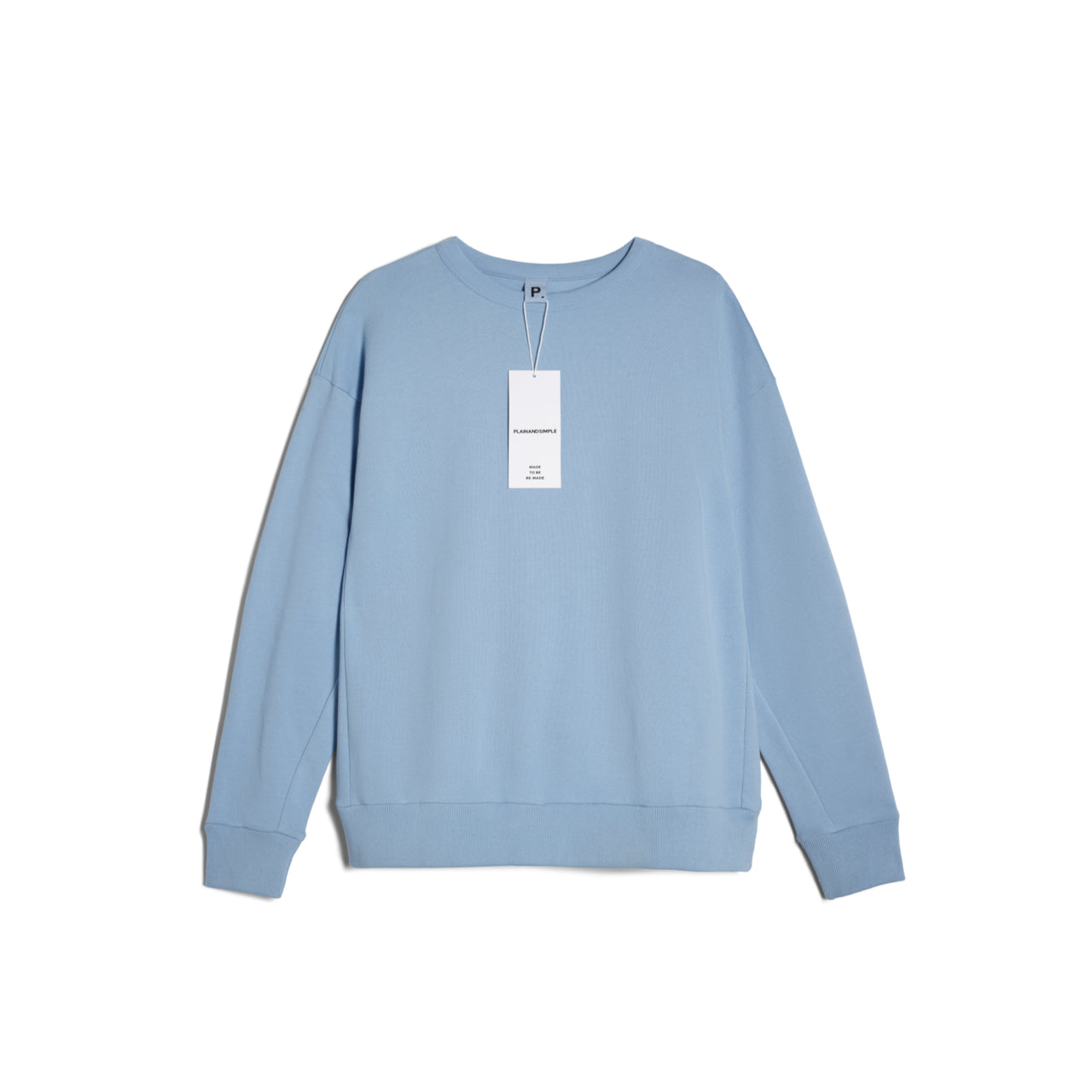 A flatlay of a women's plain blue oversized organic cotton sweatshirt.