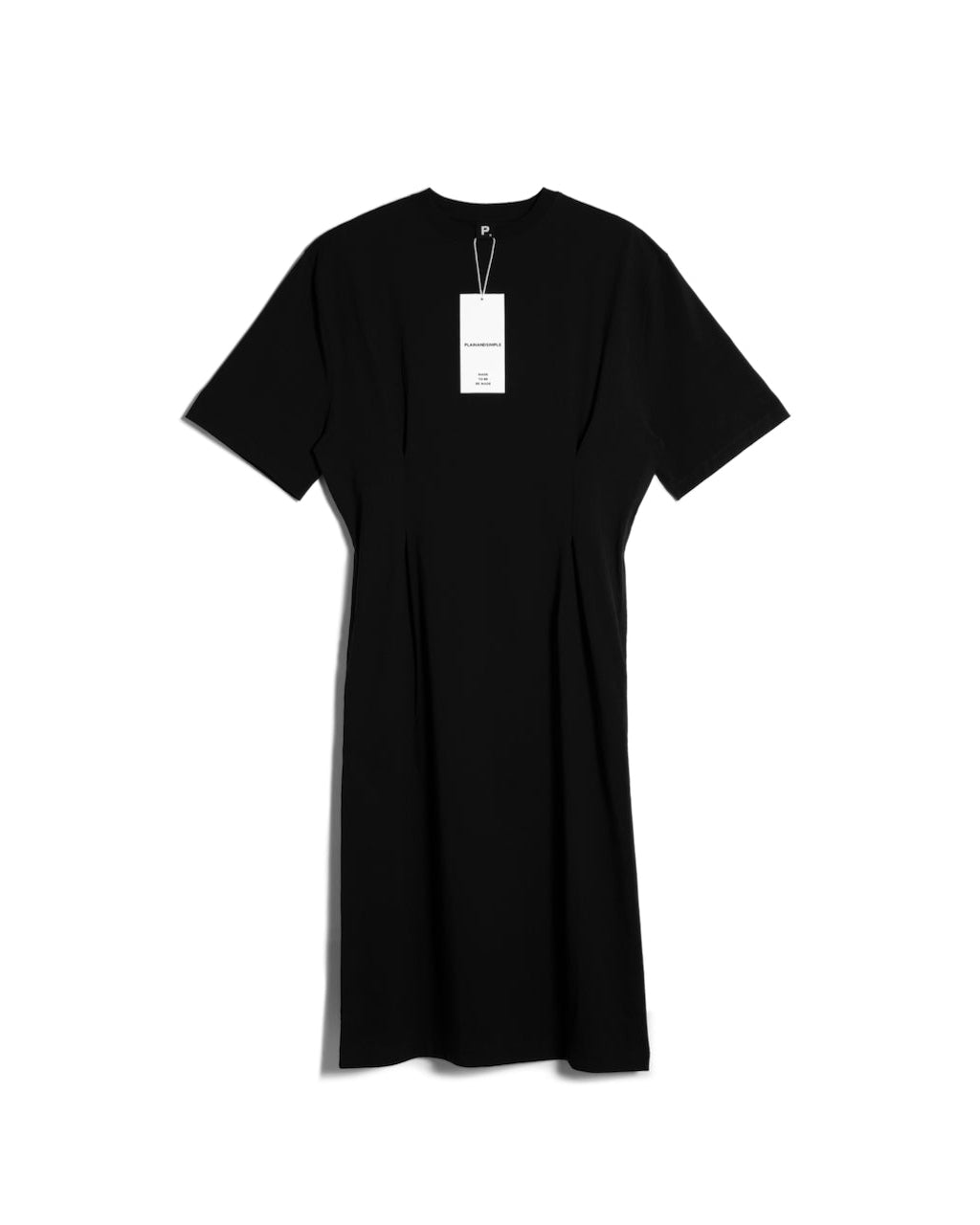 A flatlay of a women's plain black organic cotton t shirt dress.