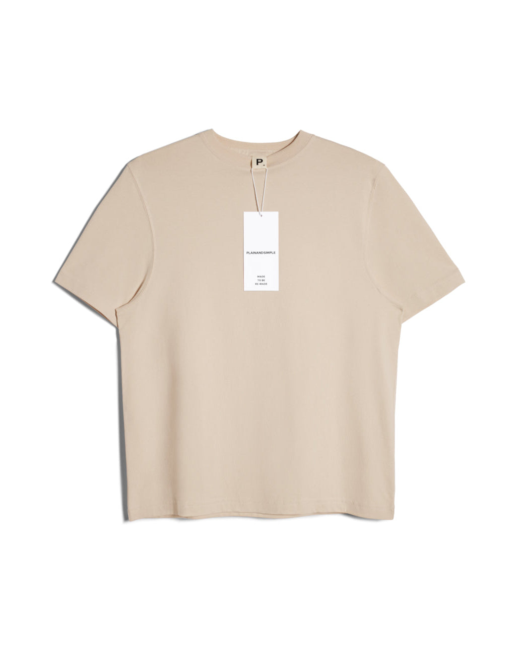 A flatlay of a women's beige short sleeve crew neck organic cotton t shirt.