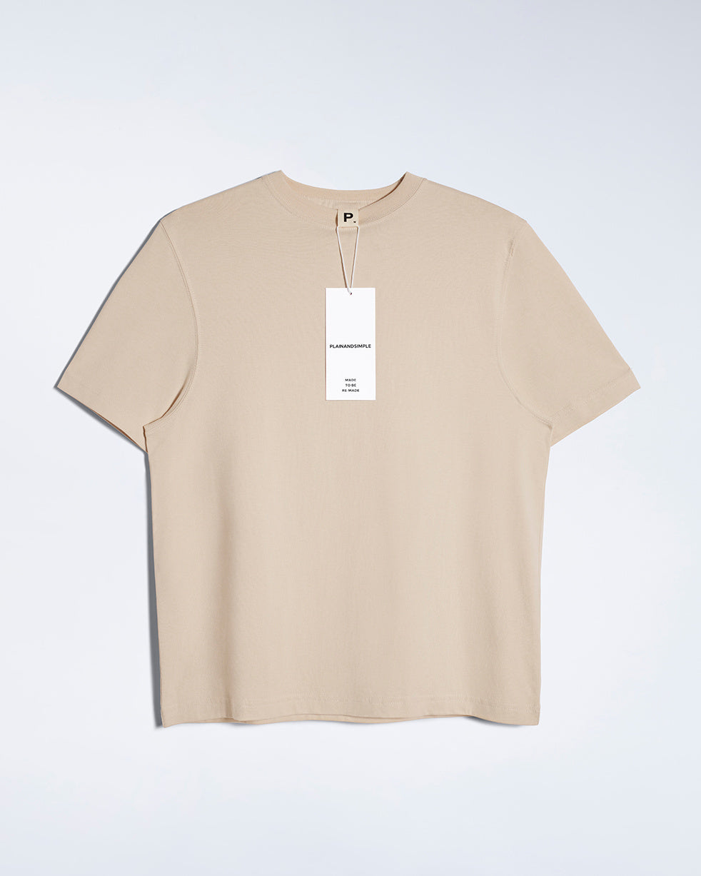 A flatlay of a women's beige short sleeve crew neck organic cotton t shirt.