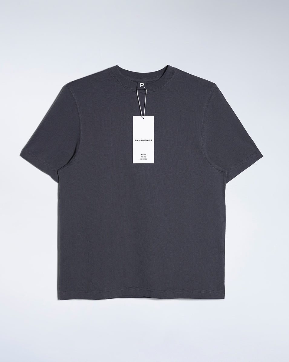 A flatlay of a women's plain dark grey short sleeve crew neck organic cotton t shirt.