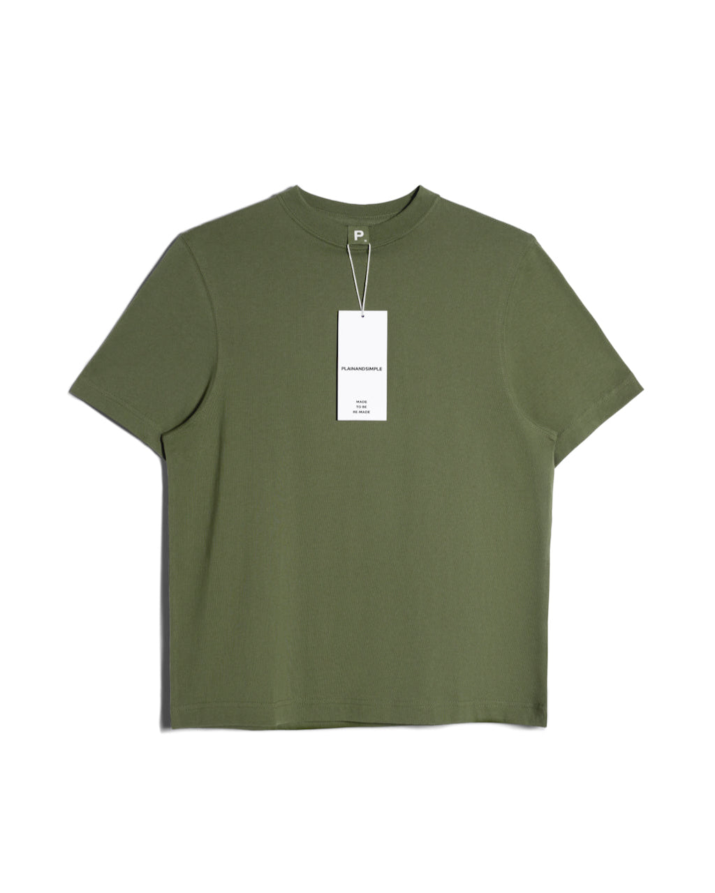 A flatlay of a women's plain khaki green short sleeve crew neck organic cotton t shirt.