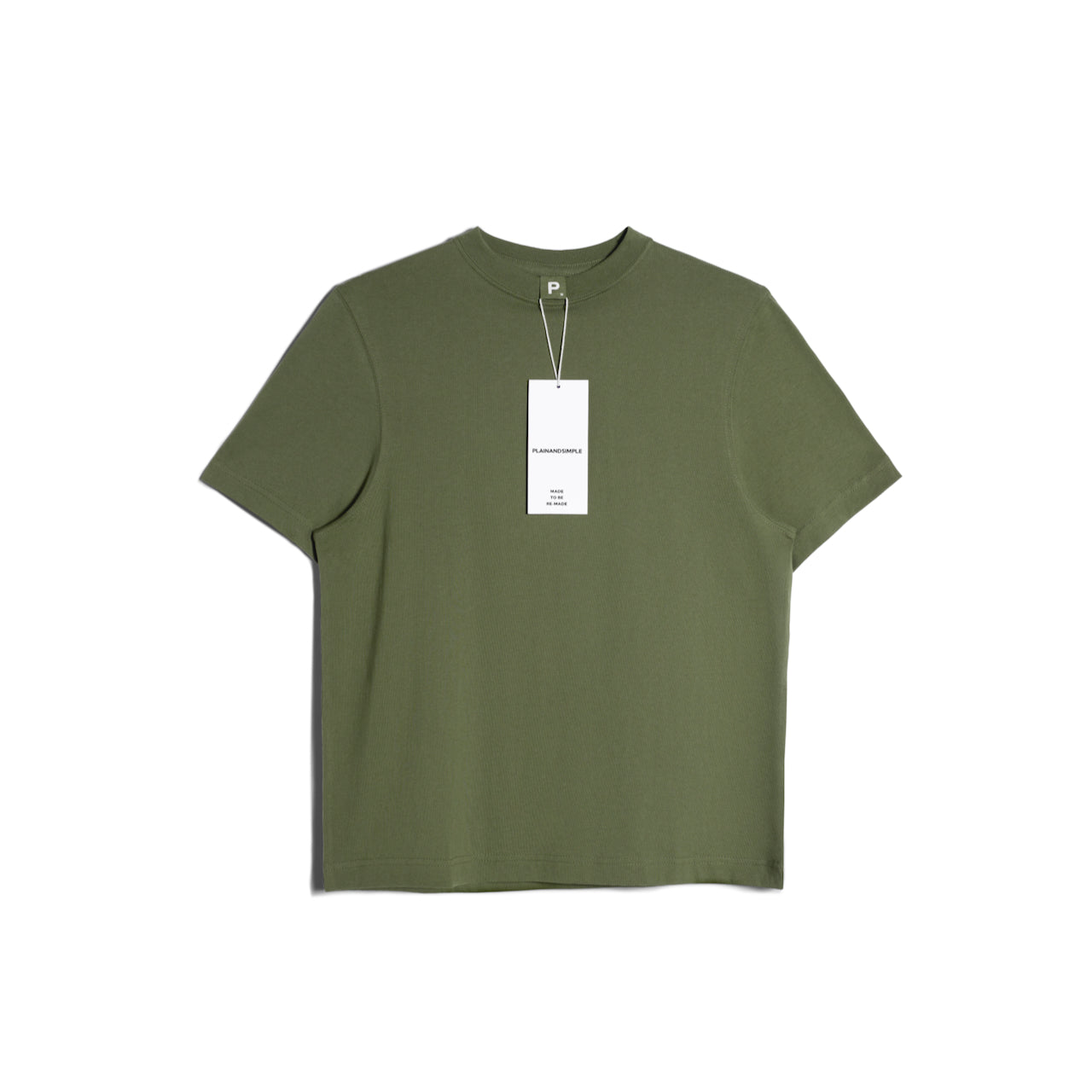 A flatlay of a women's plain khaki green short sleeve crew neck organic cotton t shirt.