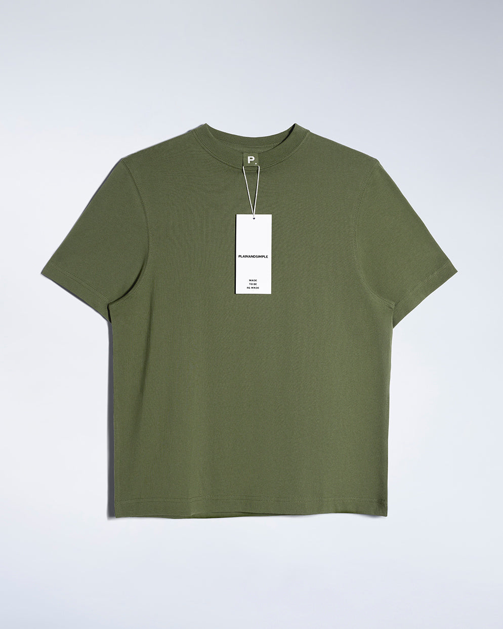 A flatlay of a women's plain khaki green short sleeve crew neck organic cotton t shirt.