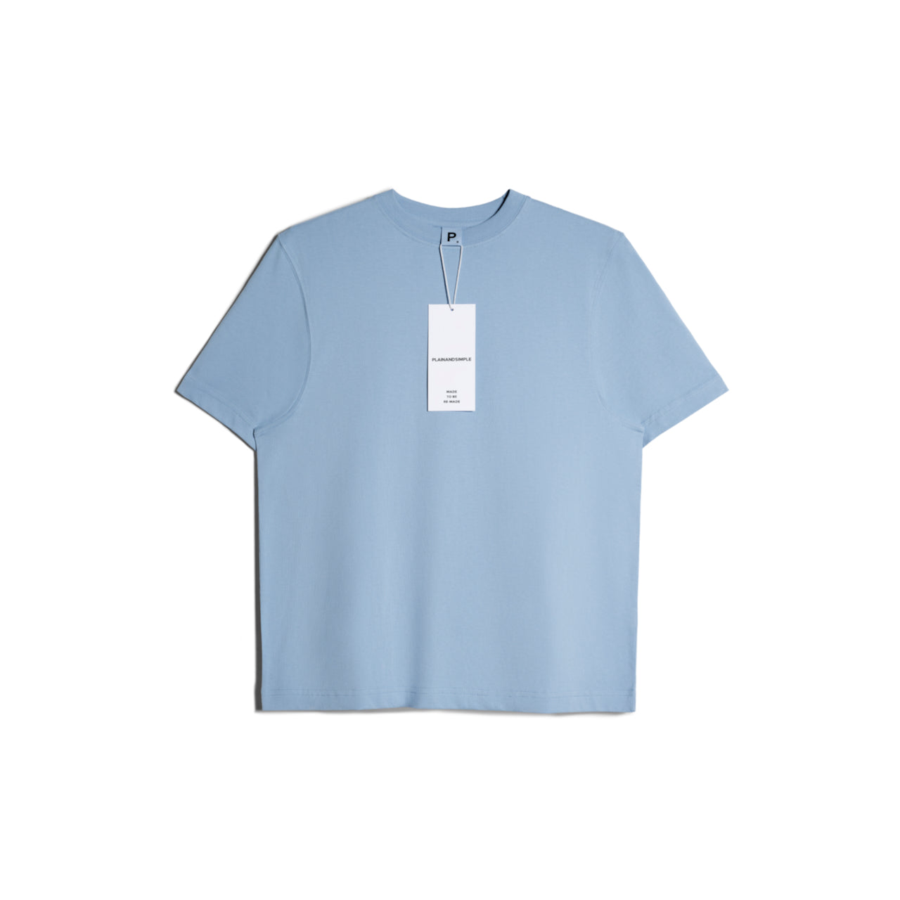 A flatlay of a women's plain blue short sleeve crew neck organic cotton t shirt.