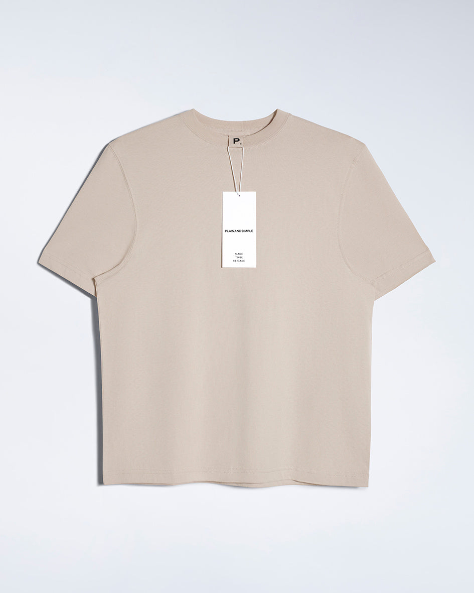 A flatlay of a women's stone short sleeve crew neck organic cotton t shirt.