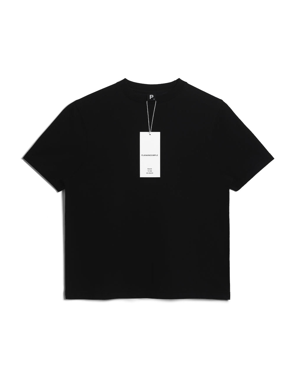 A flatlay of a women's plain black short sleeve crew neck organic cotton t shirt.