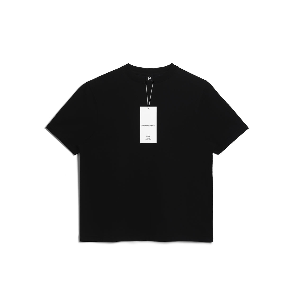 A flatlay of a women's plain black short sleeve crew neck organic cotton t shirt.