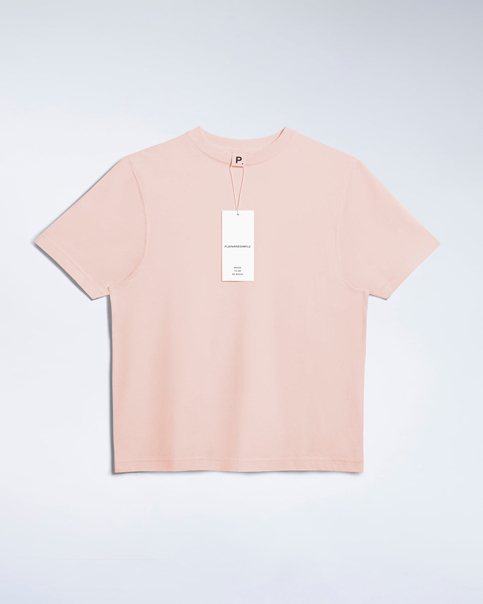 A flatlay of a women's plain pink short sleeve crew neck organic cotton t shirt.
