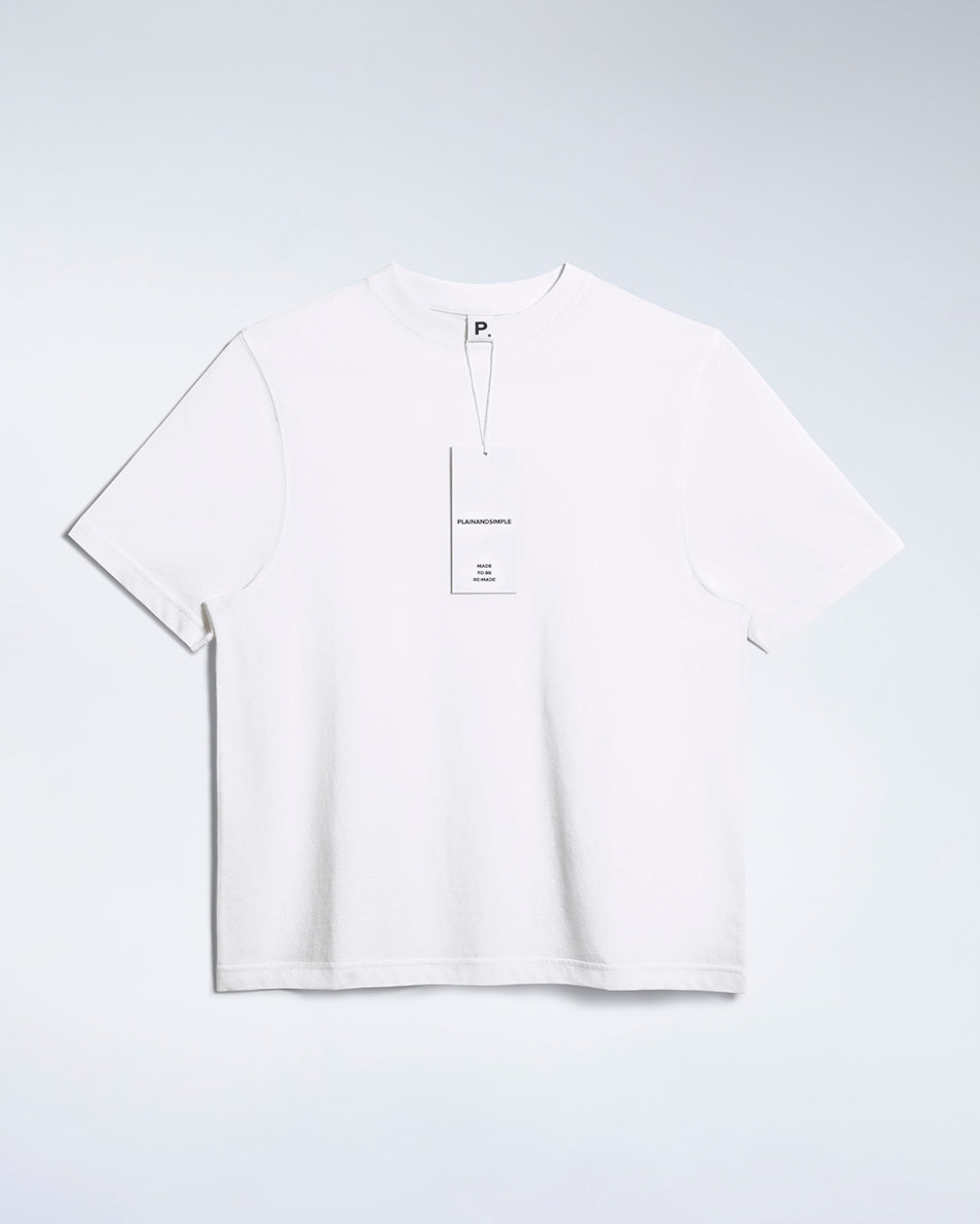 A flatlay of a women's plain white short sleeve crew neck organic cotton t shirt.