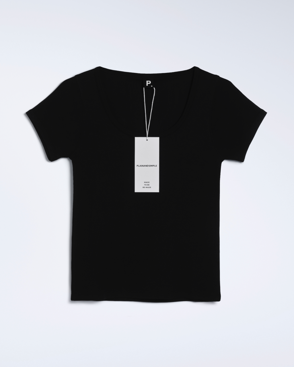 A flatly of a black, scoop neck, organic cotton polo shirt.