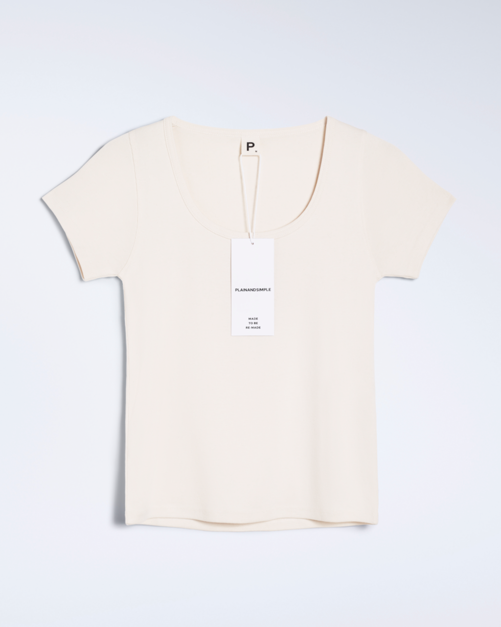 A flatly of a natural coloured, scoop neck, organic cotton polo shirt.