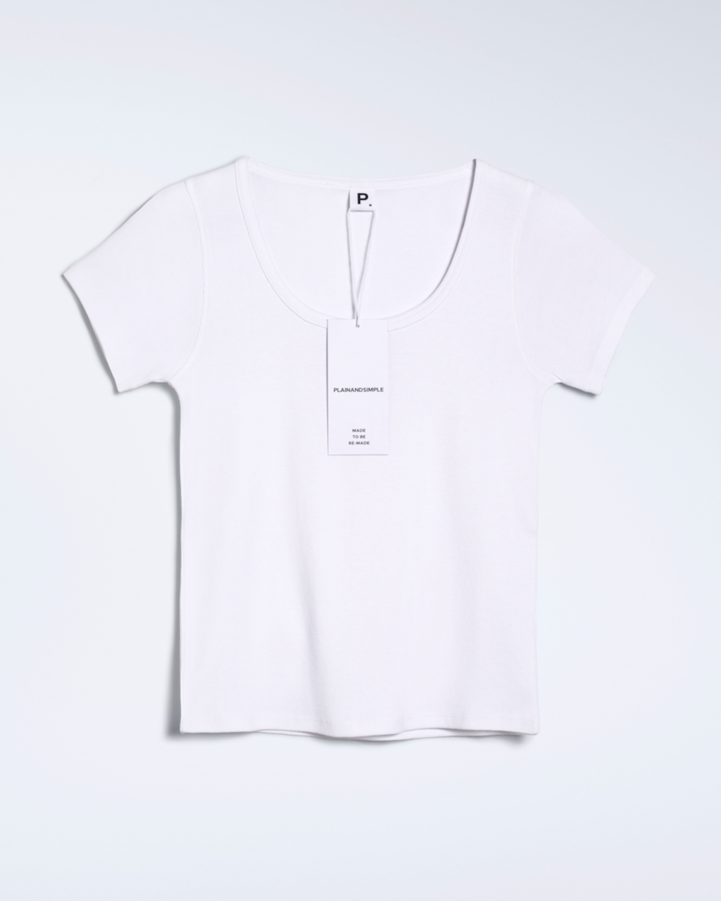 A flatly of a white, scoop neck, organic cotton polo shirt.