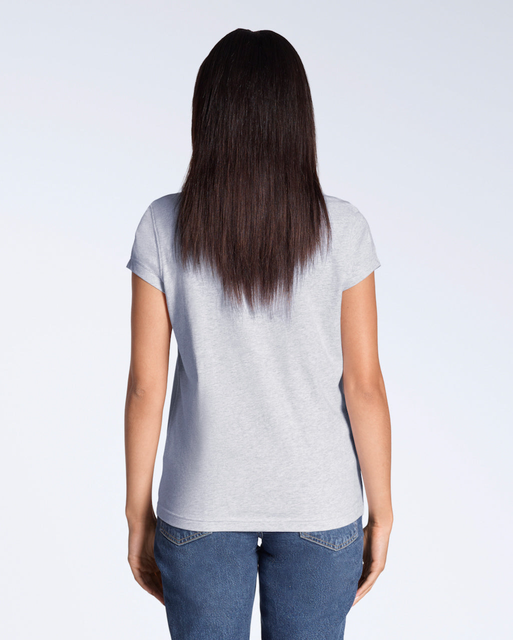 A woman facing away from the camera, modelling a plain grey, short sleeve organic cotton t shirt.