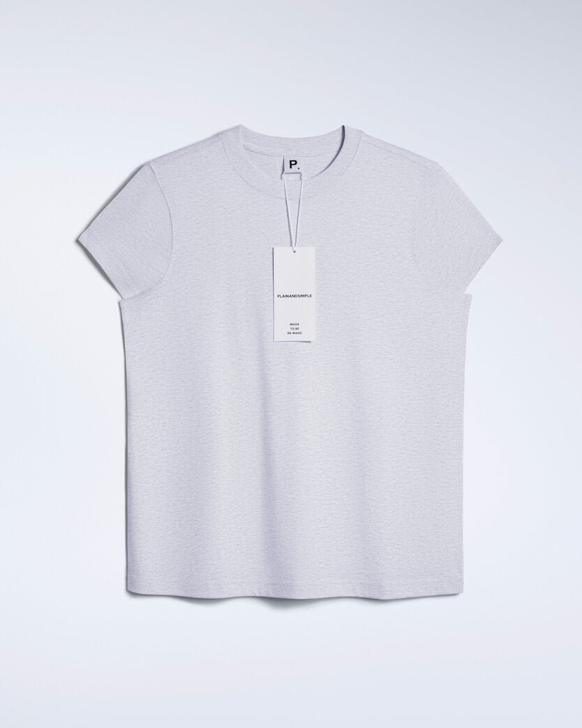 A flatlay of a women's plain grey short sleeve crew neck organic cotton t shirt.