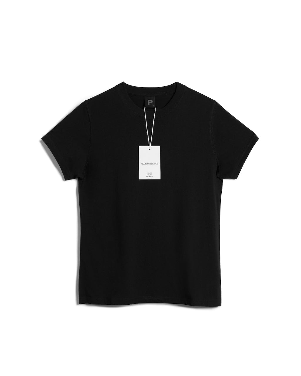 A flatlay of a women's plain black short sleeve crew neck organic cotton t shirt.