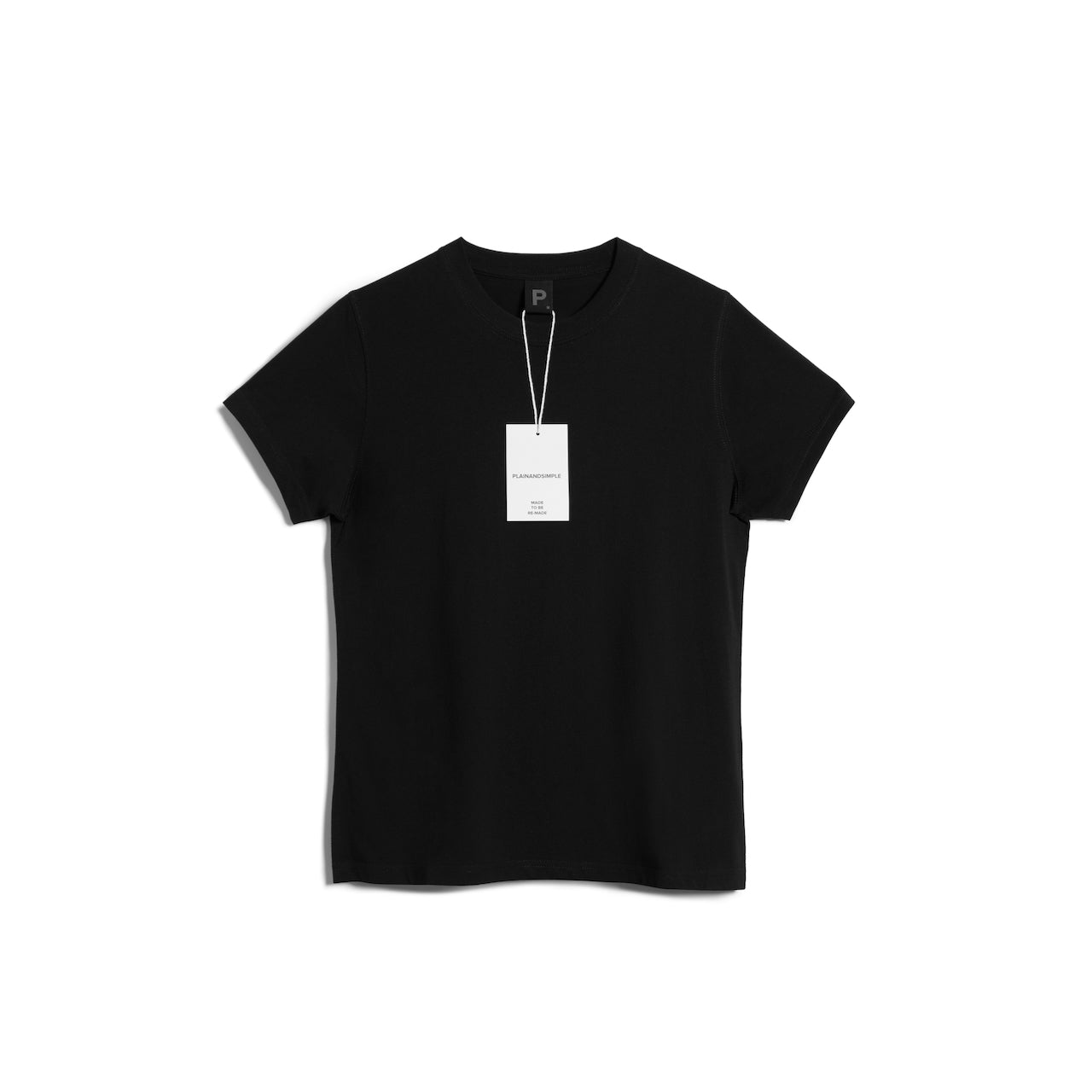 A flatlay of a women's plain black short sleeve crew neck organic cotton t shirt.
