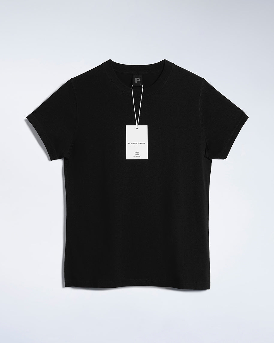 A flatlay of a women's plain black short sleeve crew neck organic cotton t shirt.