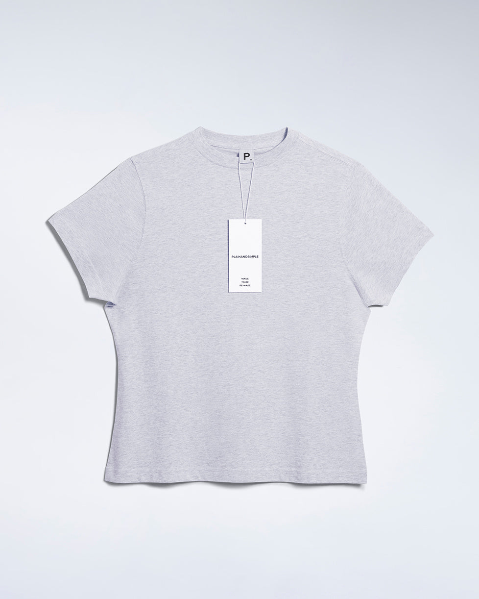 A flatlay of a women's plain grey short sleeve crew neck organic cotton t shirt.