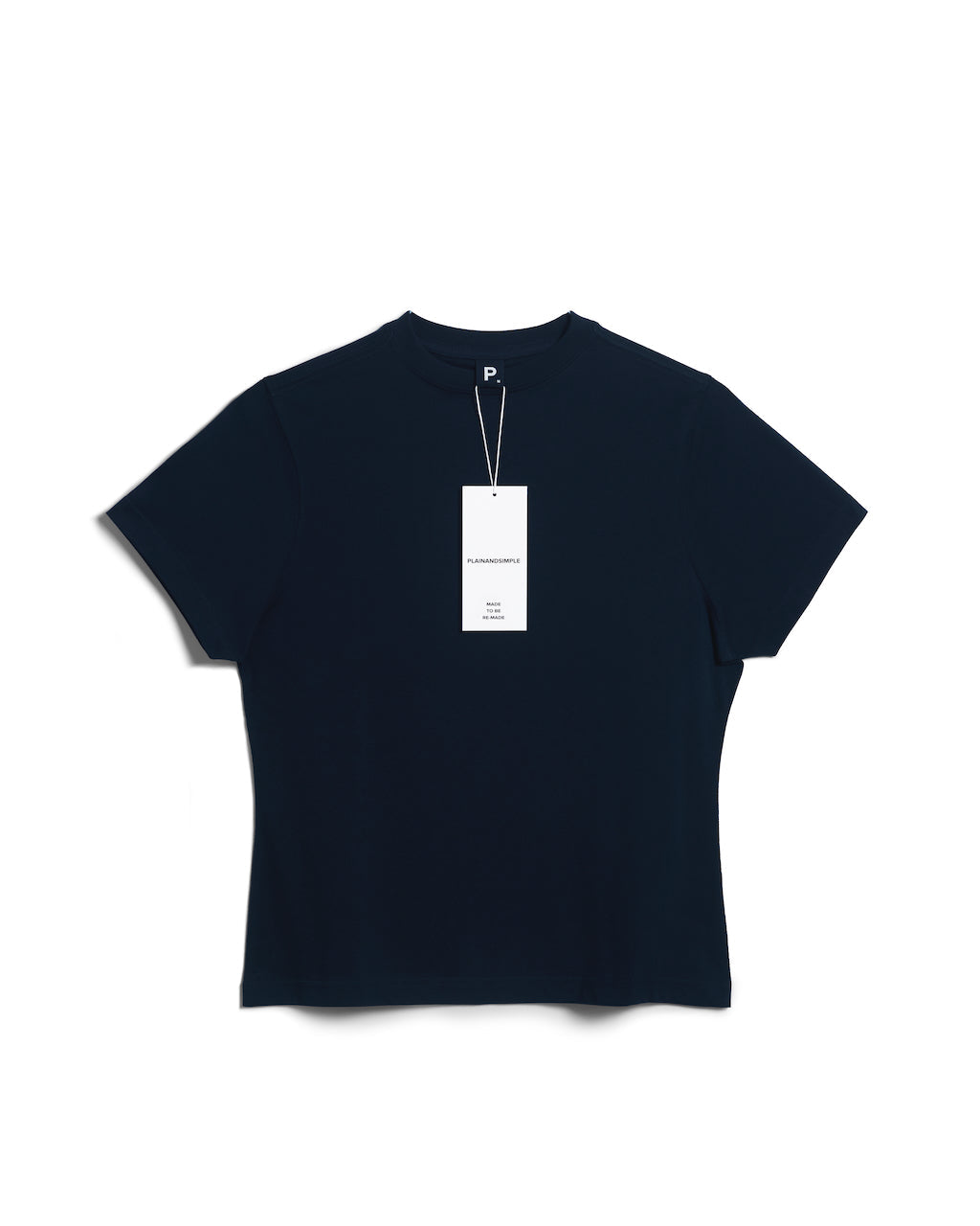A flatlay of a women's plain navy short sleeve crew neck organic cotton t shirt.