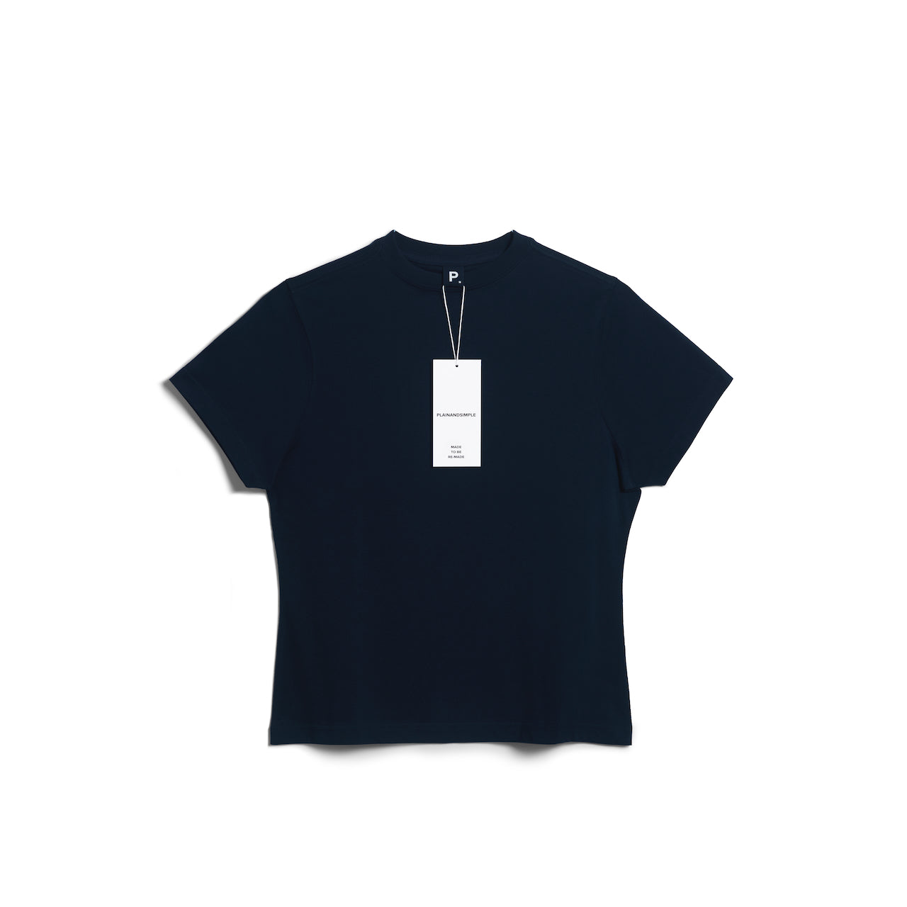 A flatlay of a women's plain navy short sleeve crew neck organic cotton t shirt.