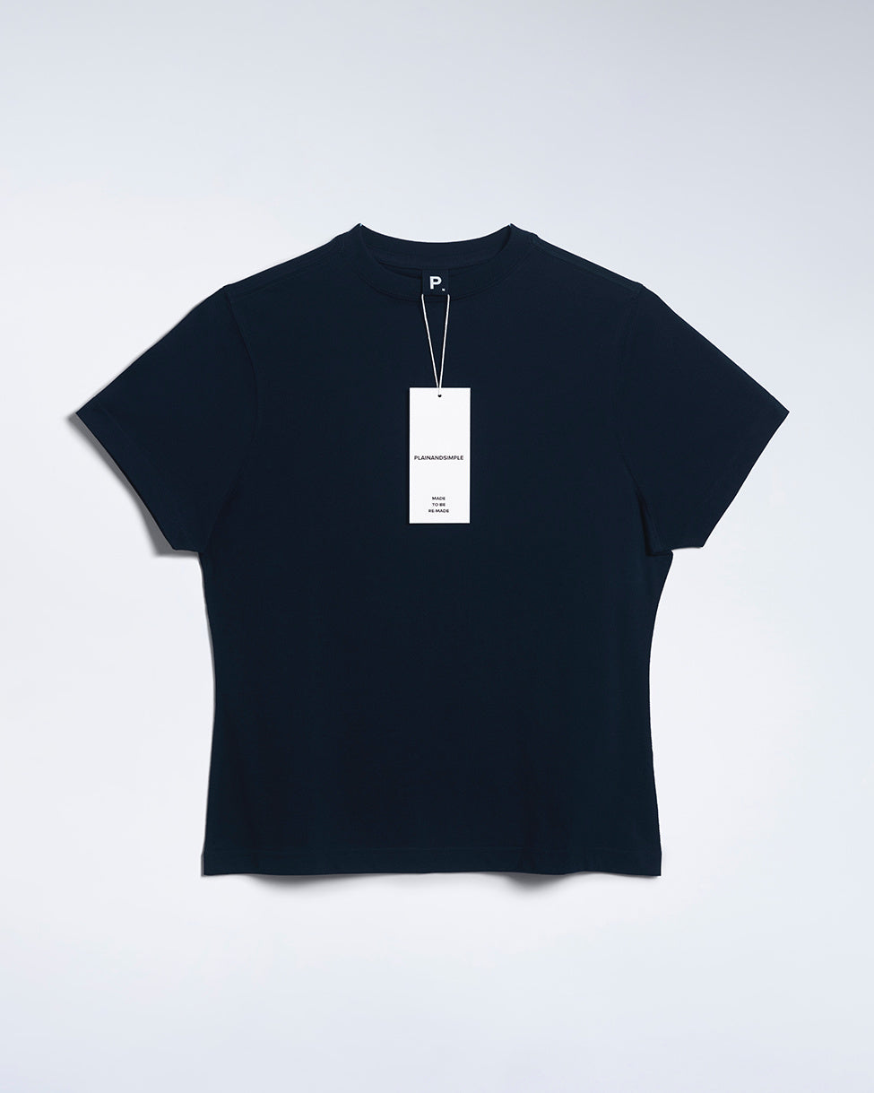 A flatlay of a women's plain navy short sleeve crew neck organic cotton t shirt.