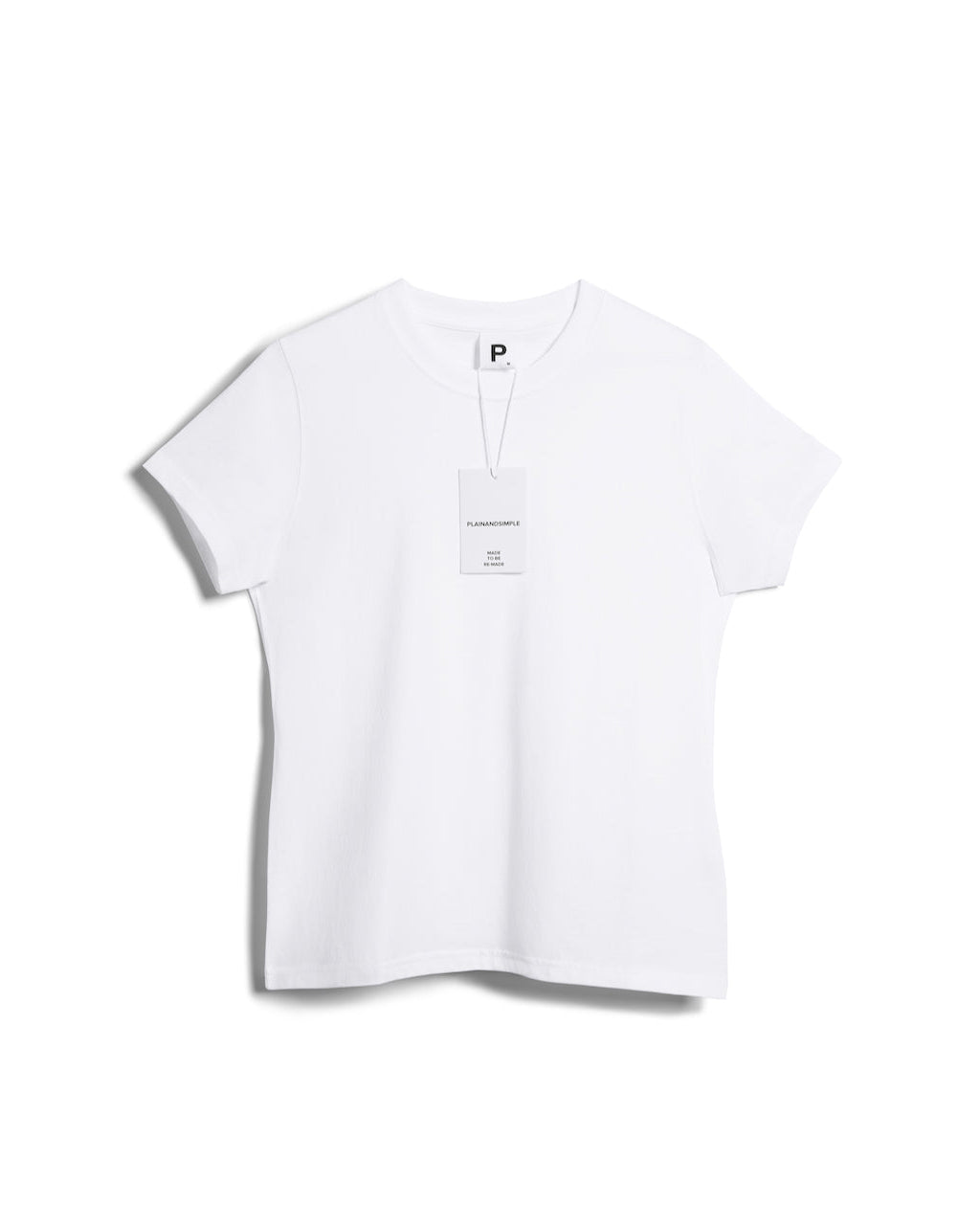 A flatlay of a women's plain white short sleeve crew neck organic cotton t shirt.