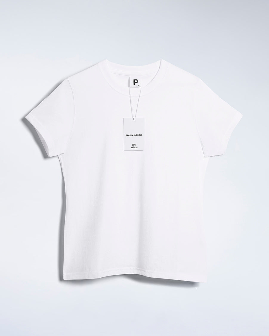 A flatlay of a women's plain white short sleeve crew neck organic cotton t shirt.