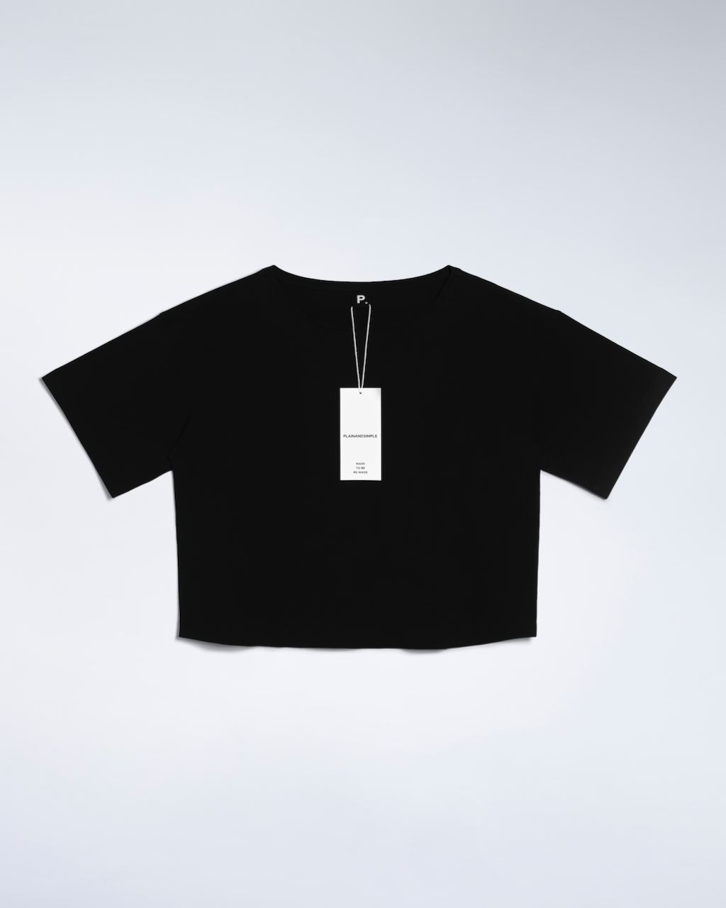 A flatlay of a black, wide neck, organic cotton t shirt.